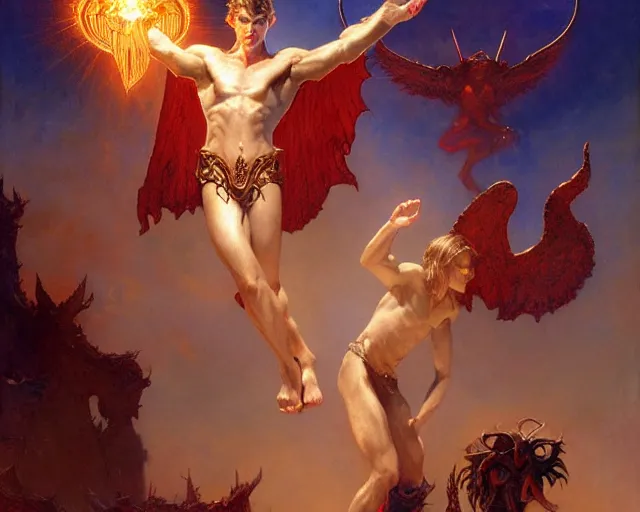 Image similar to attractive male deity, casting demonic magic, summoning handsome lucifer morning star. highly detailed painting by gaston bussiere, craig mullins, j. c. leyendecker 8 k