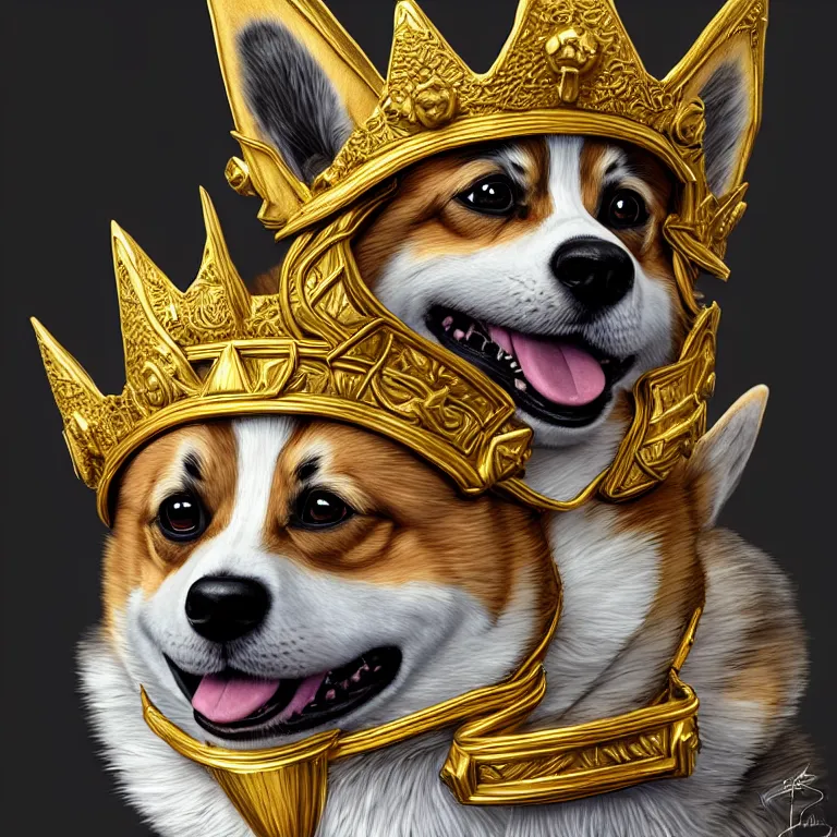 Image similar to highly detailed illustration of a portrait of a derpy corgi wearing a glinting golden crown, artstation, cinematic lighting, hyperdetailed, cgsociety, 8k, high resolution, art by artgerm, insanely detailed and intricate