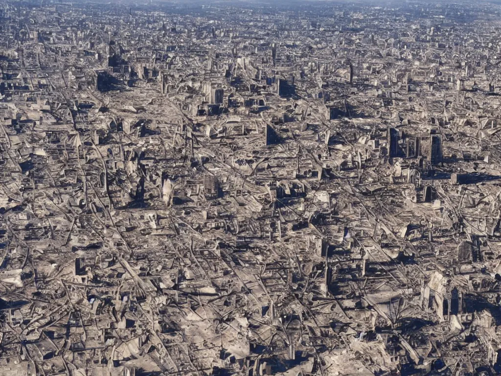 Image similar to city is being destroyed by a falling meteor, view from above, explosion, shreds, ruins, hyperrealistic