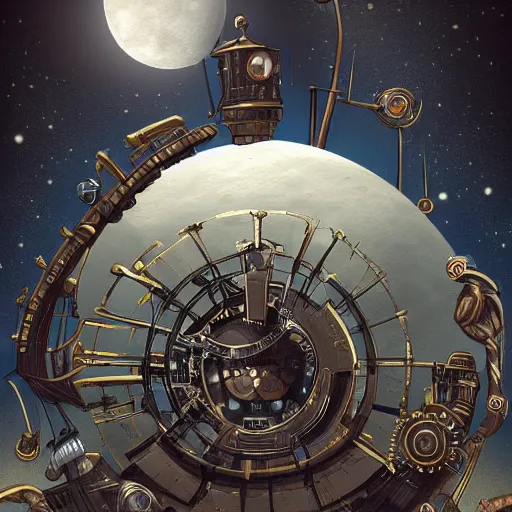 Prompt: an illustration of a mechanical moon against a black sky, steampunk, trending on artstation