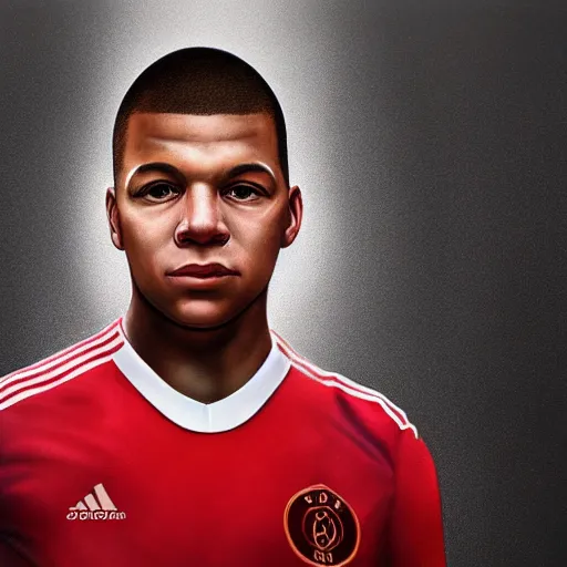 Prompt: portrait of mbappe wearing a ajax jersey, artwork by charlie bowater