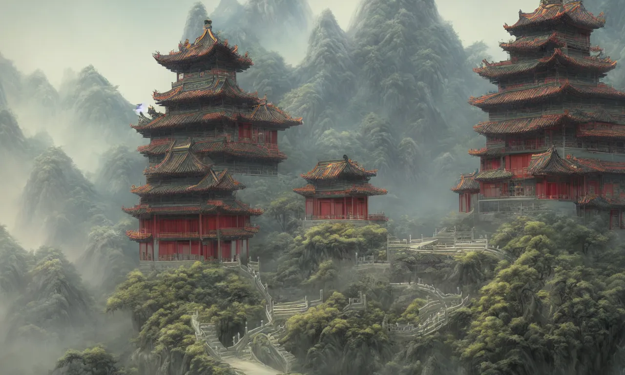 Prompt: A Chinese style splendid palace of the game concept scene original painting, super wide angle, magnificent and gorgeous atmosphere，matte painting，rtx on，by moebius, Neil Blevins and Jordan Grimmer，trending on cgsociety and artstation, unreal engine，Volumetric light，surreal