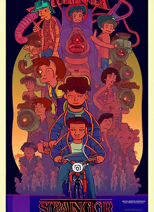 Image similar to animated version of Futurama Stranger Things scene with Demogorgon, cartoon, detailed faces, high resolution, hyper detailed, intricate, illustrated, dramatic lighting, illustration, concept art, smooth, sharp focus, art by Alphonse Mucha and Matt Groening !n-9