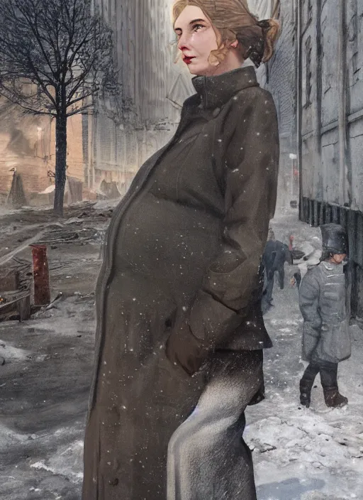 Prompt: full-length portrait of a pregnant woman on the street of besieged Leningrad, historically reliable photo chronicle, winter 1941, , ultra detailed, digital art, octane render, 4K, dystopian, micro details, in the style of Ilya Kuvshinov and Range Murata