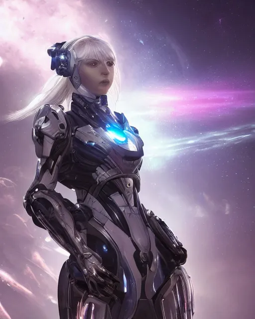 Prompt: photo of a cyborg girl on a space ship, warframe armor, beautiful face, scifi, nebula reflections, futuristic background, dreamy, pure, long white hair, blue eyes, glowing, 8 k high definition, insanely detailed, intricate, innocent, art by akihiko yoshida, antilous chao, li zixin, woo kim