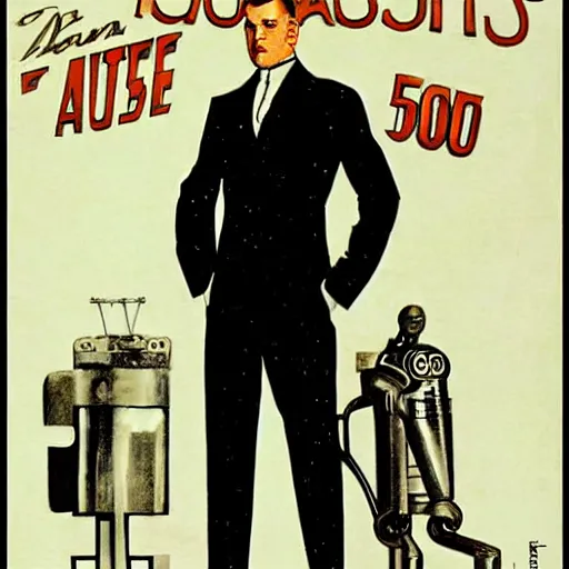 Image similar to man in futurist 6 0 ´ s lab, machines and futurist robots, leyendecker style, black suit