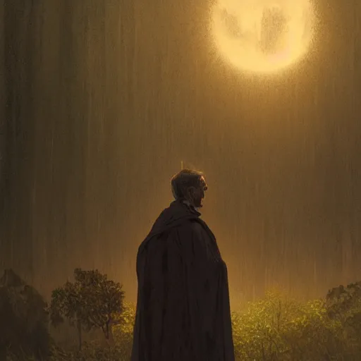 Image similar to a terrified catholic priest, full moon in the background, rainy atmosphere, natural volumetric light, intricate, highly detailed, digital painting, artstation, concept art, sharp focus, illustration, SFW, art by greg rutkowski and alphonse mucha