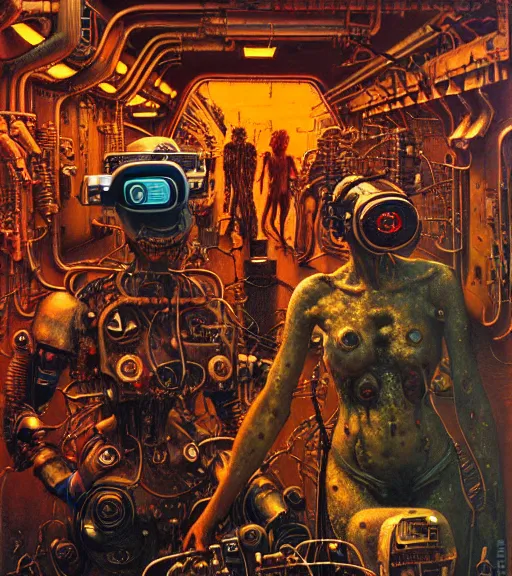 Prompt: junky women, cybertronic gadgets and vr helmet, flesh + technology, durty colours, night, rotten textures, rusty shapes, biotechnology, norman rockwell, tim hildebrandt, wayne barlow, bruce pennington, larry elmore, oil on canvas, deep depth field, masterpiece, cinematic composition, hyper - detailed, hd, hdr