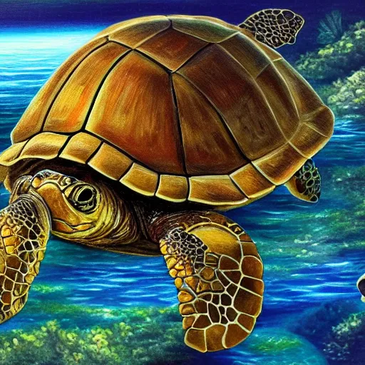 Image similar to Realm in a shell of a turtle in the sea, fantasy, oil painting, extra detailed