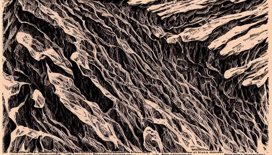 Image similar to petrified forest national park arizona in the style of bernie wrightson gray's anatomy medical illustration aesthetic horror