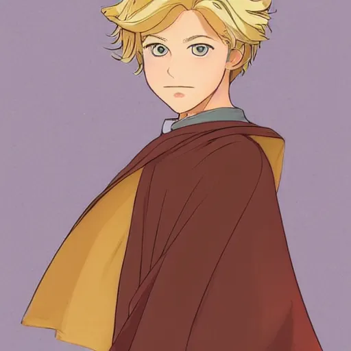 Image similar to blonde boy with golden eyes wearing a brown cape and flying in t pose, in the style of studio ghibli, artgerm