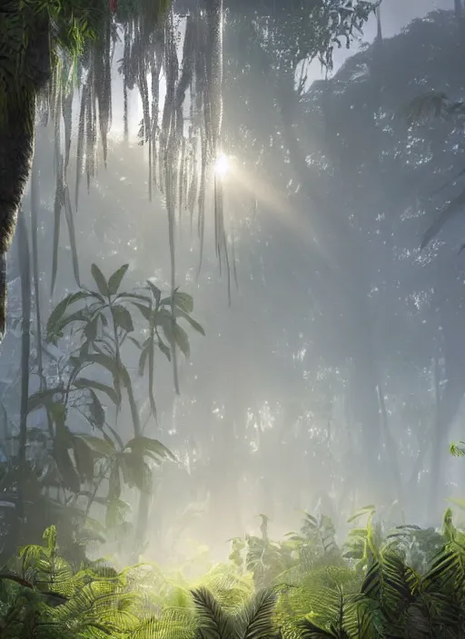 Image similar to jungle with sunrays piercing foliage and fog at dusk, realistic, ultra detailed, artstation