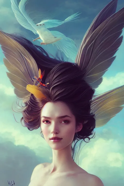 Image similar to 3 / 4 view of a portrait of woman with flowy hair, bird wings, confident pose, pixie, genshin impact,, intricate, elegant, sharp focus, illustration, highly detailed, concept art, matte, trending on artstation, bright colors, art by wlop and artgerm and greg rutkowski, marvel comics