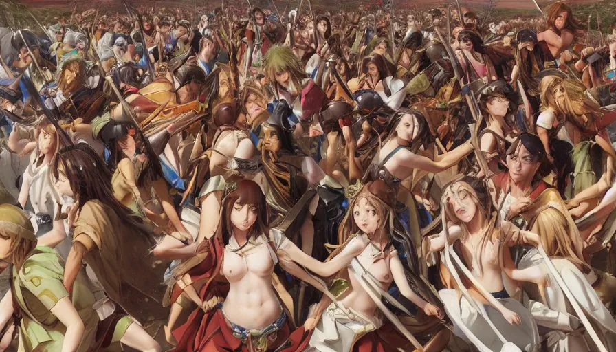 Image similar to jesus christ our lord leading an army of anime girls into battle, photorealistic, anime, mini skirt, long hair, renaissance painting, hyper real, detailed, closeup shot, ultra detailed