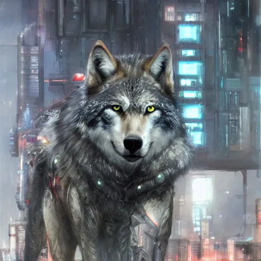 Image similar to grey wolf, painting by Raymond Swanland, cyberpunk, sci-fi cybernetic implants hq