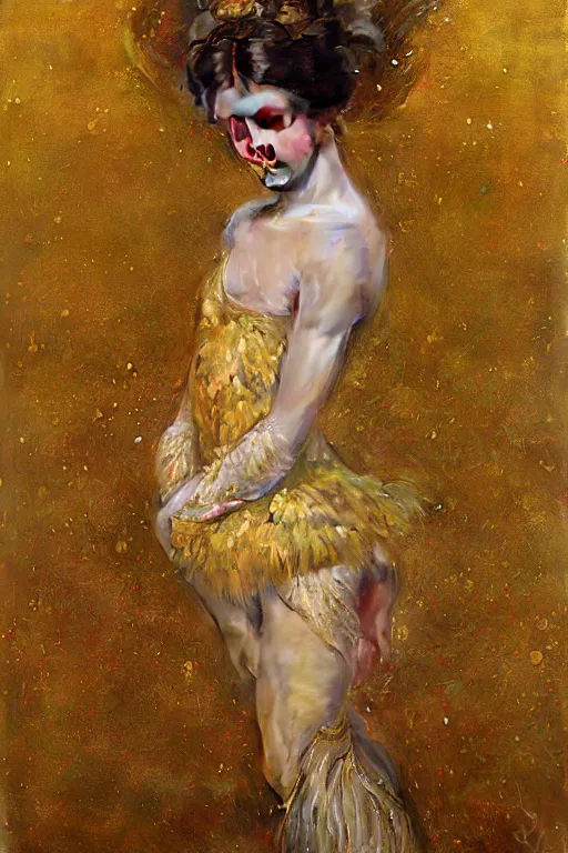 Image similar to an intricate painting of a beautiful young ballerina covered in silk clothes with klimt golden motives and textures, hyper detailed, ornamental gold headpiece, octane render, vivid colors, artstation, by jeremy mann, by alphonse mucha, by boris vallejo