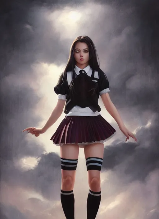 Image similar to a beautiful woman with school uniform, seifuku, pleated miniskirt, overknee socks, adriana lima, painted by artgerm and tom bagshaw, fantasy art, dramatic lighting, highly detailed oil painting, volumetric lighting