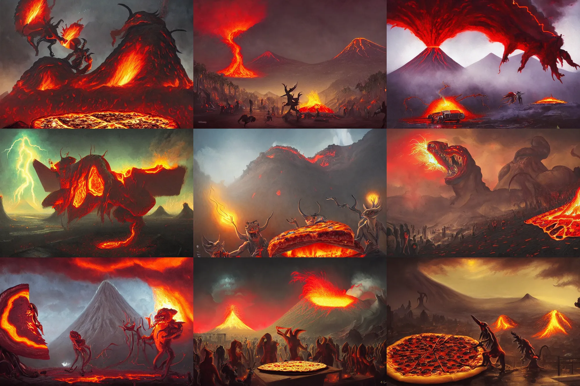 Prompt: masked demons grabbing a large pizza!!!, in the background is a volcano spewing lava and black smoke, streams of glowing hot lava, flashes of lightning in the distance. wide angle, long shot, an ultrafine detailed painting by greg rutkowski, deviantart, pop surrealism