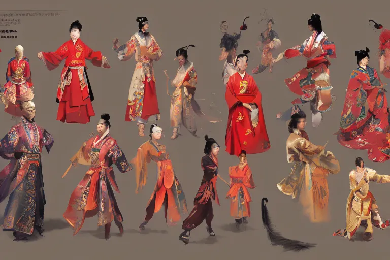 Image similar to Character design sheet of traditional chinese costumes, cinematic lighting, dramatic atmosphere, by Craig Mullins, 4k resolution, trending on artstation