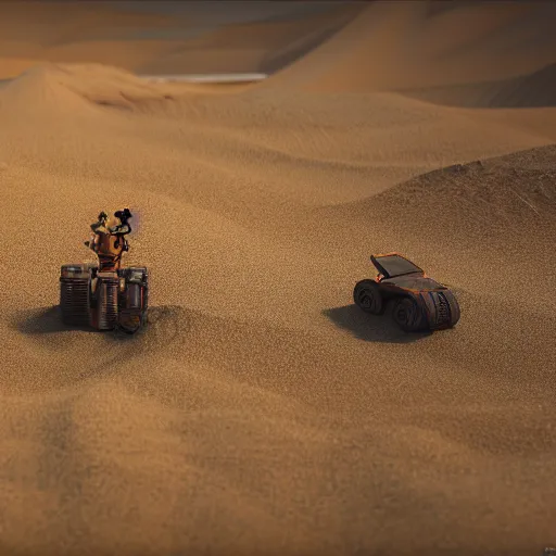 Prompt: painting of sand landscape with ancient robots buried in the desert, oasis, 4 k. cinematic. epic. octane render.