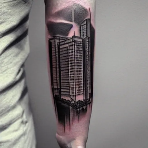 Image similar to dark urban architecture tattoo, tattoo on upper arm