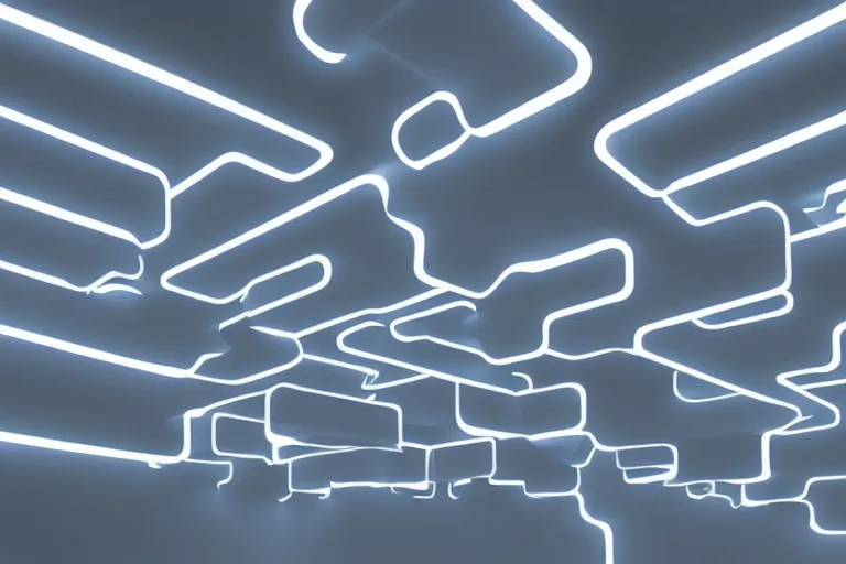 Image similar to clay rendering of simple shapes floating in a void, glowing bars surround them, cool blue grey lighting, cgi, ambient occlusion, masterwork, cover page, widescreen,