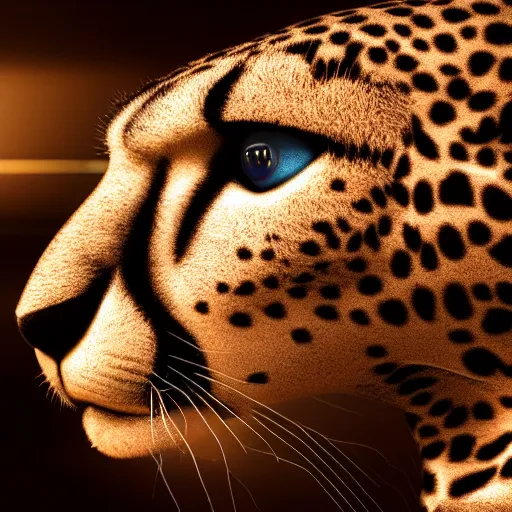 Prompt: closeup profile shot of a cybernetic cheetah, city lights, strong bokeh, dramatic, cinematic, high contrast, octane render, artstation, 4k