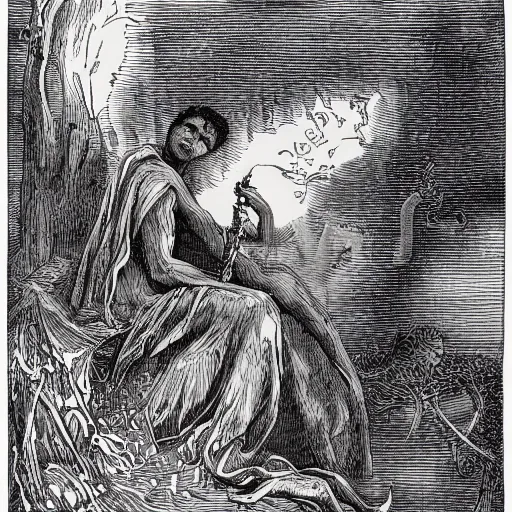 Image similar to illustrations of tarot cards in the style of gustave dore