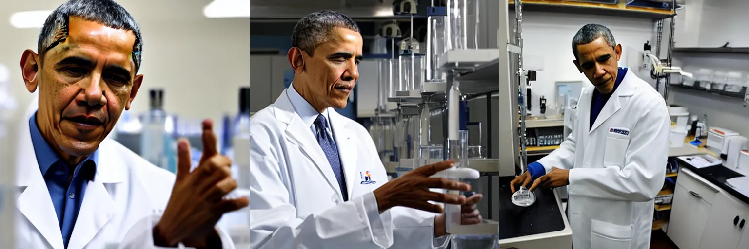 Prompt: Barack Obama wearing a lab coat, doing experiments in a laboratory, brightly lit
