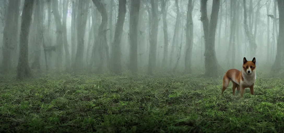 Prompt: a complex organic fractal 3 d metallic symbiotic ceramic humanoid megastructure shiba inu in a swampy lush forest, foggy, cinematic shot, photo still from movie by denis villeneuve