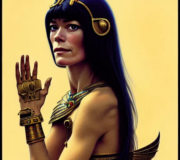 Prompt: photography francoise hardy with hands - up and hairy armpits, dressed like cleopatra, deep focus, intricate, elegant, highly detailed, digital painting, artstation, concept art, matte, sharp focus, illustration, art by artgerm and greg rutkowski and alphonse mucha and gil elvgren