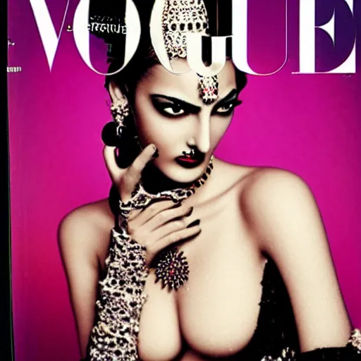Prompt: a beautiful professional photograph by hamir sardar, herb ritts and ellen von unwerh for the cover of vogue magazine of a beautiful and unusually attractive moroccan berber female fashion model with a face tattoo looking at the camera in a flirtatious way, hasselblad 5 0 mm f 1. 8 lens