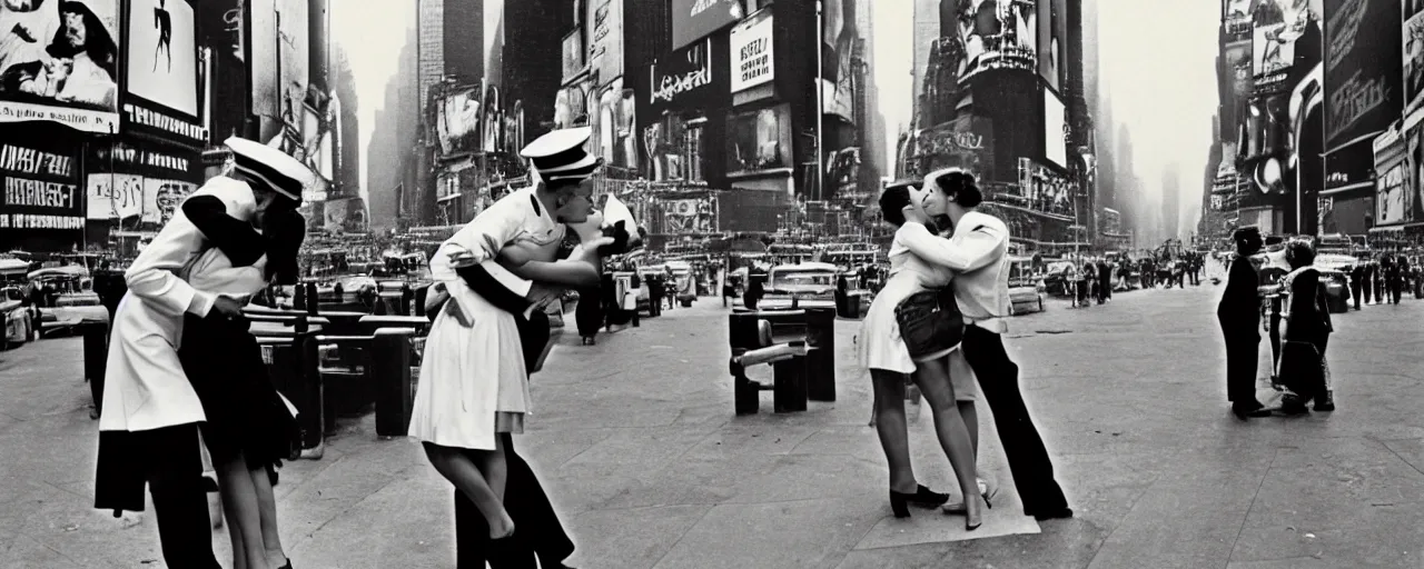 Prompt: alfred eisenstaedt's photograph of an american sailor kissing a woman in times square, spaghetti advertisement in background 1 9 4 5, canon 5 0 mm, kodachrome, retro