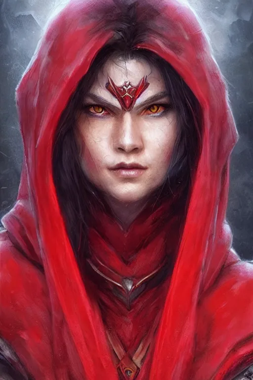 Image similar to wolf warrior in red cape and hood, d & d, fantasy, portrait, highly detailed, headshot, digital painting, trending on artstation, concept art, sharp focus, illustration, art by artgerm and greg rutkowski and magali villeneuve