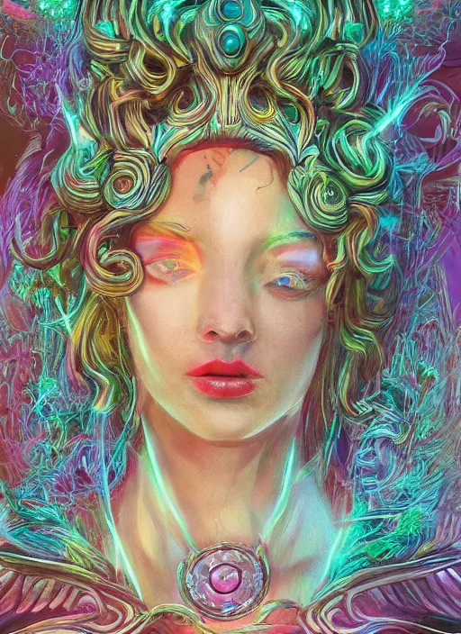 Prompt: ultradetailed sci-fi character portrait of a beautiful symmetric Medusa radiating a majestic glowing aura, ornate cyberpunk robes, intricate digital painting, artstation, concept art, smooth, sharp focus, illustration, deep vibrant colors, 3d rim light, hyperrealistic, photorealistic, Kodakchrome