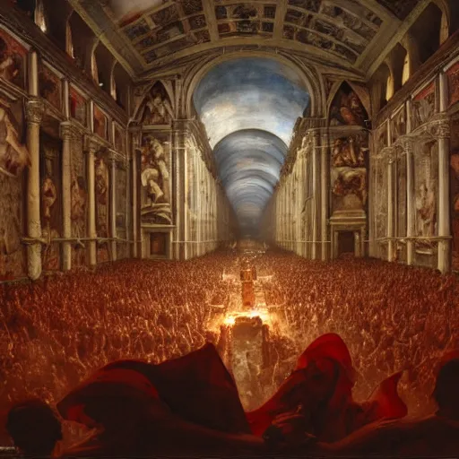 Prompt: the sistine chapel's ceiling is broken in half as a red magical portal from hell opens up, lucifer morningstar emerges along with a few demons, the priests and the pope look at the scene with terror in their eyes. highly detailed painting by gaston bussiere, greg rutkowski, craig mullins 8 k