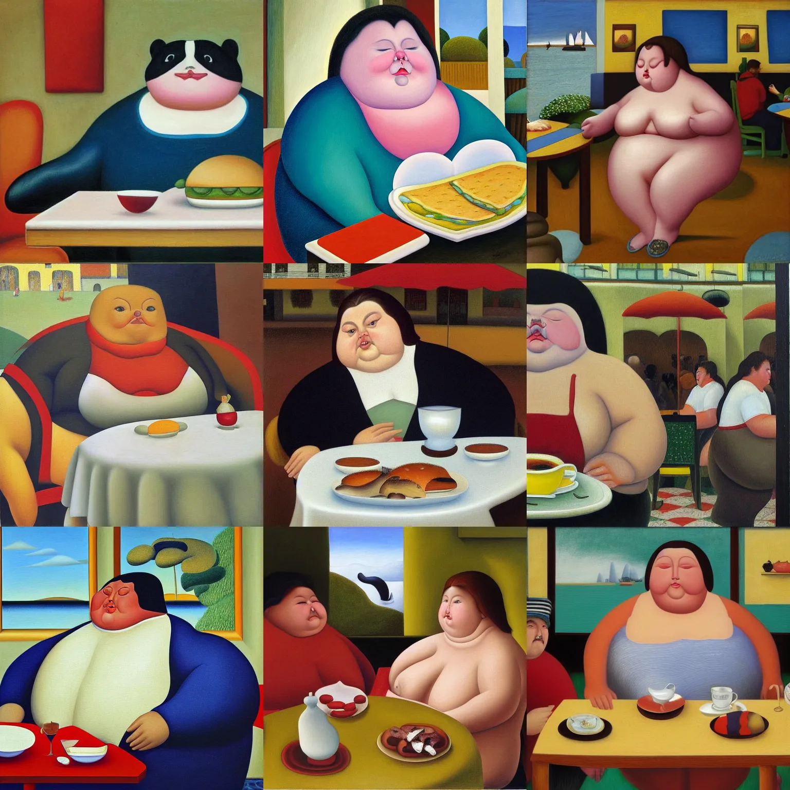 Prompt: an obese whale at a cafe, oil painting, by fernando botero