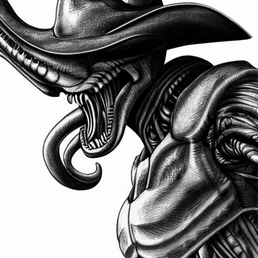 Image similar to a pencil sketch of a xenomorph wearing a cowboy hat, white background, fine detail, 8 k details