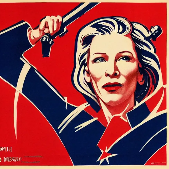 Image similar to soviet propaganda poster with cate blanchett calling on the world community to fight against Nazism, Ultra Detailed, high resolution, soviet realism