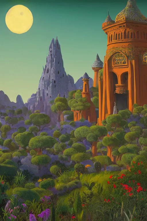 Image similar to distance view of the painted tower of the moon in its gardens fairytale illustration, tall windows, beautiful moorish tiles, dramatic cinematic lighting, rich colors, golden age illustration, by Sylvain Sarrailh and Nicholas Roerich and jean delville and Tyler Edlin and William Dyce, unreal engine