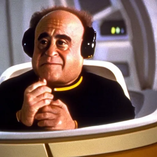 Prompt: captain danny devito sitting in the captains chair of the USS enterprise, star trek the next generation, cinematic