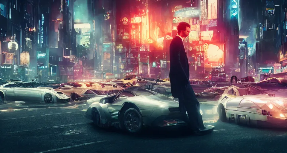 Image similar to An epic, distopian cityscape with many cars in the style of bladerunner with a blond man in a suit in the center and another man in a Trenchcoat talking to hin in secret, unreal 5, DAZ, hyperrealistic, octane render, volumetric clouds, dynamic lighting