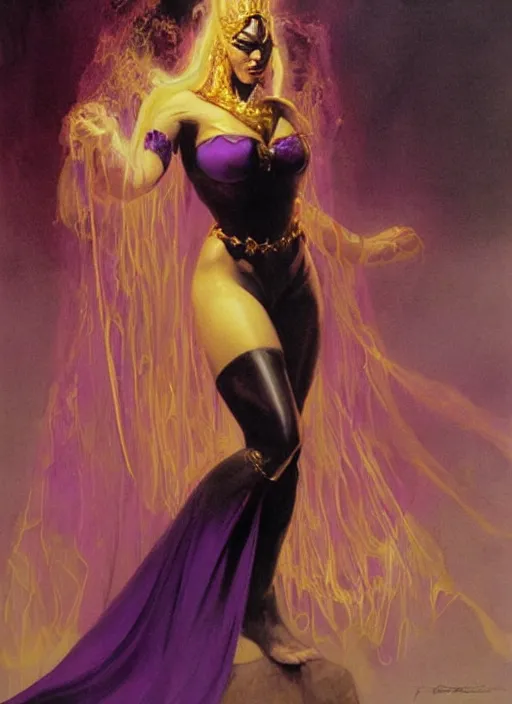 Image similar to portrait of plump female evil sorceress, golden tiara, purple robe and veil, lightning halo, strong line, muted color, beautiful! coherent! by frank frazetta, by boris vallejo