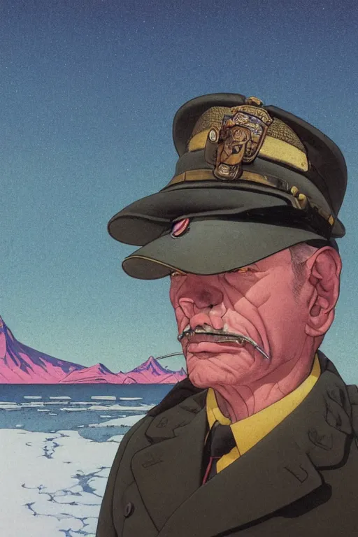 Image similar to a closeup portrait of an old policeman taking mind altering drugs, a blotter paper of lsd acid and dreaming psychedelic hallucinations in the vast icy landscape of antarctica, by kawase hasui, moebius, edward hopper, colorful flat surreal design, hd, 8 k, artstation