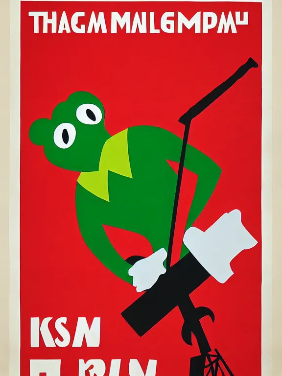 Image similar to USSR propaganda poster of kermit the frog holding a hammer, constructivism style, red black and white