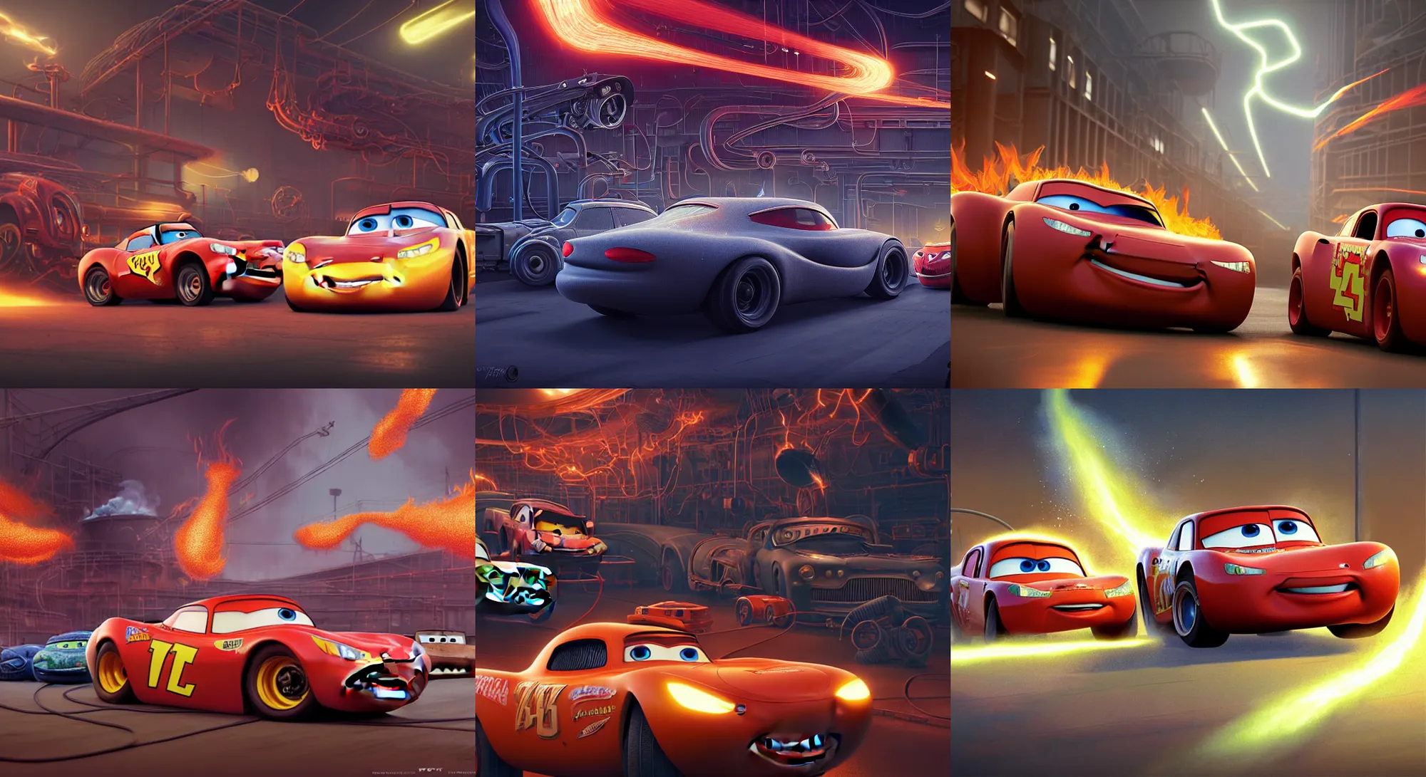 Prompt: surrealist hyperdetailed image from Pixar's Cars. Epic industrial automotive industry, rubber, oil, and metal. Sparks, smoke, combustion engine effects. Rendered in octane by beeple, greg rutkowski, and Tom Bagshaw. Lightning McQueen menace, high-detail, racetrack scenery.