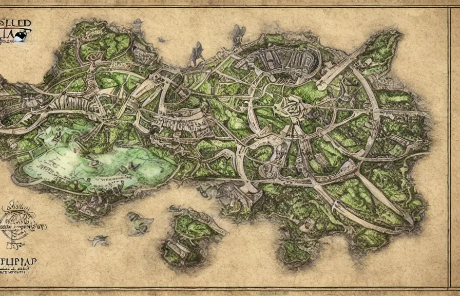 Image similar to realistic detailed map to neverland, blueprint style, technical diagram, intricate detail, fantasy art, art nouveau, victorian, neo - gothic, gothic, story concept design