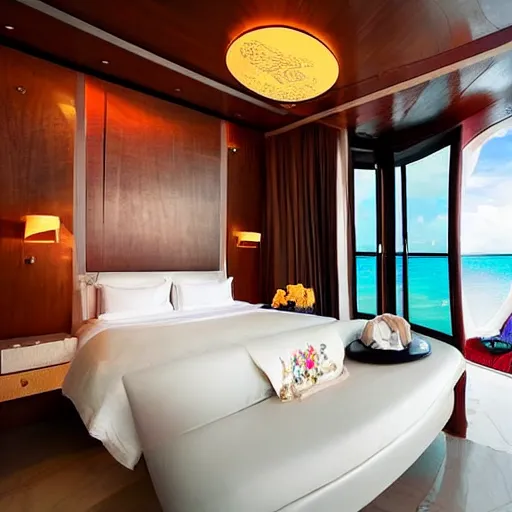 Prompt: bedroom at extremely expensive underwater hotel in the caribbean. high - fashion boutique hotel. portholes. a small leak. detailed beautiful photography.