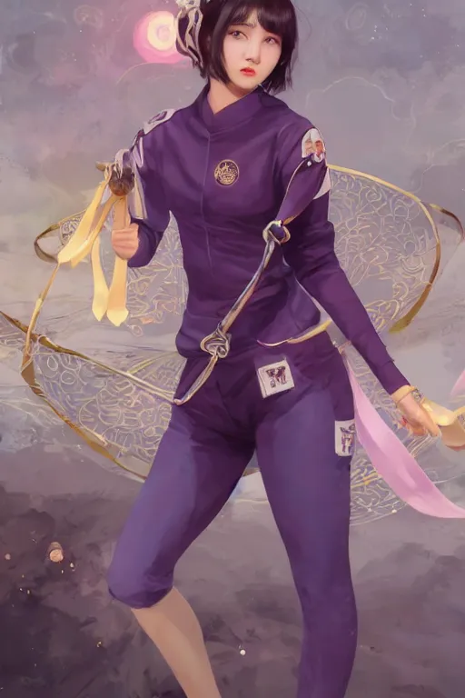 Image similar to Full View of Eunha from Viviz and gFriend with short hair wearing a purple military uniform and short puffy pants, white leggings, Golden Ribbon, and a billowy scarf. Rhythmic gymnastics poses, goddess. masterpiece 4k digital illustration by Ruan Jia and Mandy Jurgens and Artgerm and greg rutkowski, award winning, Artstation, art nouveau aesthetic, Alphonse Mucha background, intricate details, realistic, panoramic view, Hyperdetailed, 8k resolution, intricate art nouveau