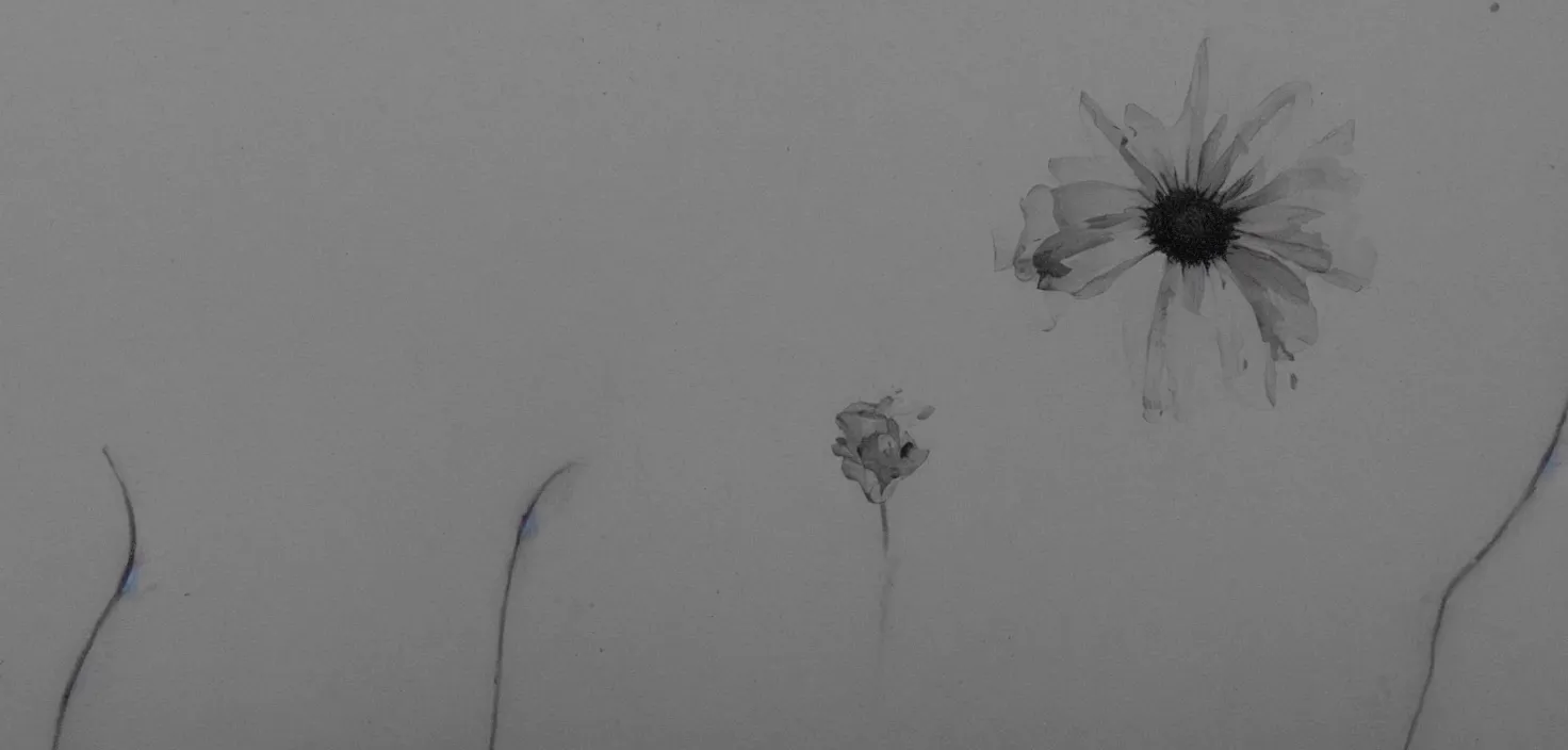 Image similar to A neglected flower, realism representation, beautiful idyllic, minimal shading, idealised, transparent wash, mirror glazed, haloed edges, high contrast